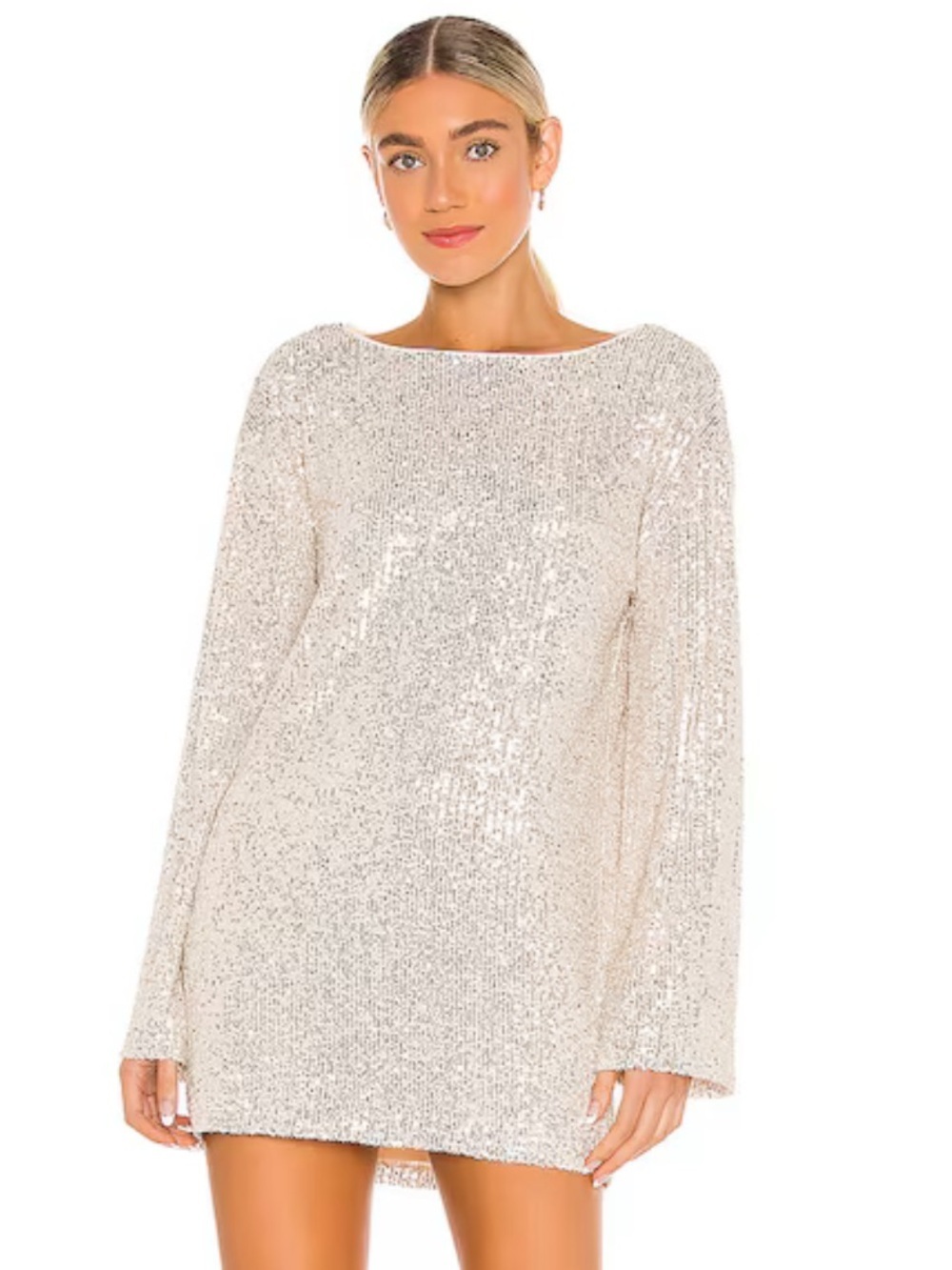 Lovers + Friends Coco Tunic Dress Silver Sequin Long-Sleeve Mini Revolve S